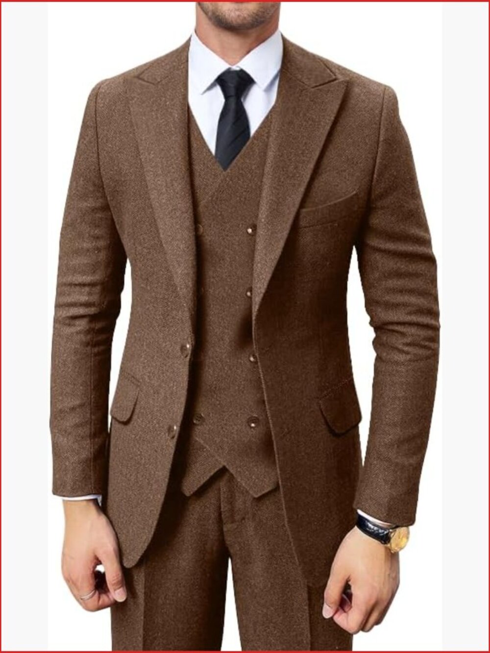 Retro 3 Piece Herringbone Tweed Suit Set Jacket Vest Pants Prom Wedding